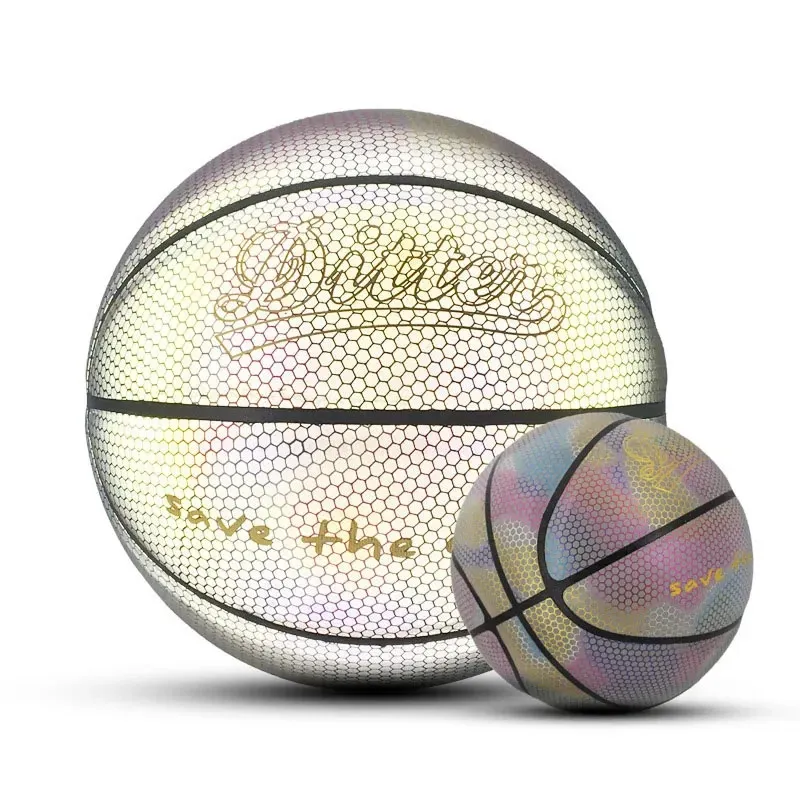 Ballon de basket-ball réfléchissant Sports Divertissement Taille 7 PU Extérieur Intérieur Holographique Lumineux Cadeau Jouet Coloré Jeu de rue 231220