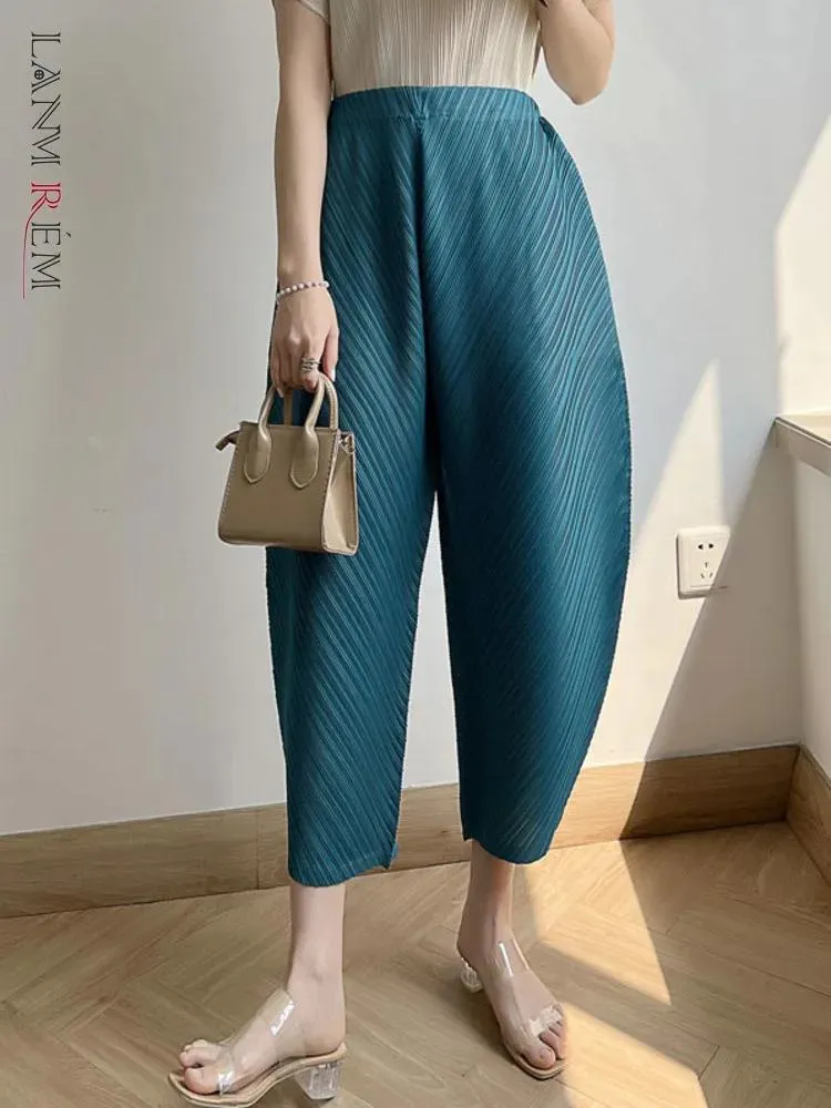 Capris Lanmrem Pleated Anklelength Pants for Solid Color High Waist Wide Leg Ounsers Loose 2022夏の女性ファッション2R1578