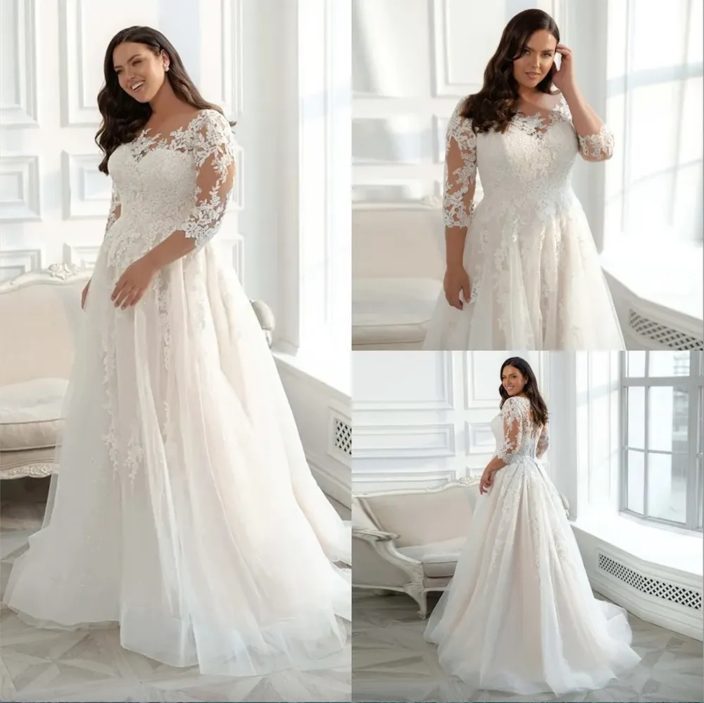 Eleagnt Wedding Dress Plus Size 3/4 Sleeves A Line Tulle Lace Applique Vestido De Noiva Bride Dresses Maternity Women Modest Sheer Scoop Neck Robes Marriage