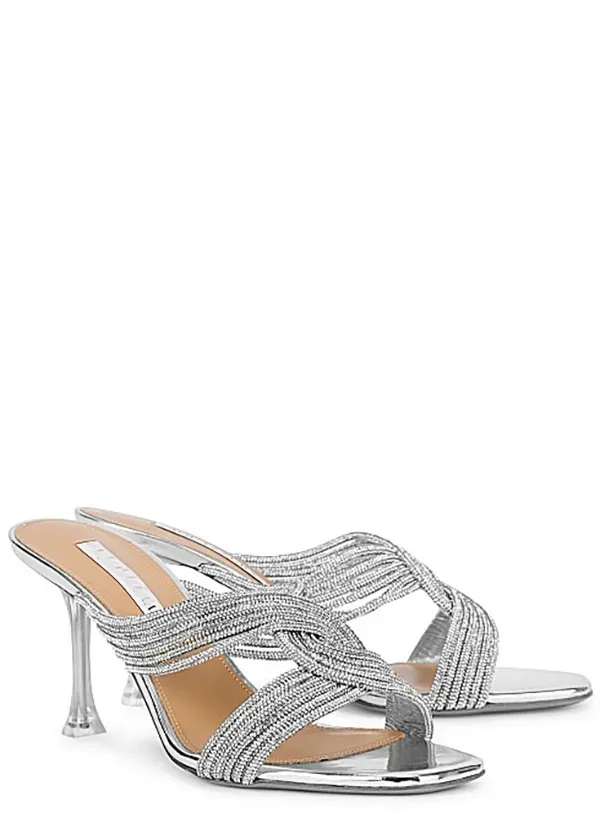 2024 Topkwaliteit dames sandaal pantoffel met glijbaan Gatsbi 75 mm met kristallen verfraaide metallic lederen muiltjes Crystal Swirls luxe designer schoenen 35-42 zilver