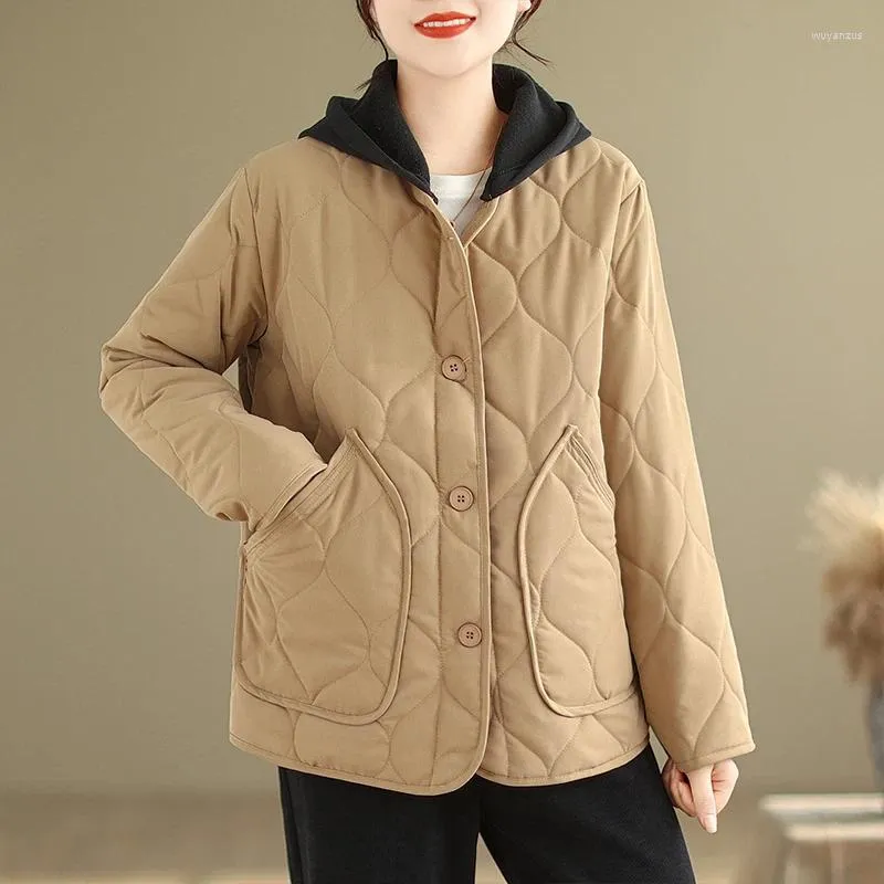 Trench da donna stile coreano imbottito patchwork in cotone con cappuccio sottile leggero autunno inverno capispalla piumini moda donna primavera casual corto