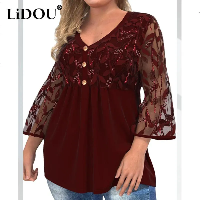 T-shirt Autumn New Elegant Fashion Lace Plus Size Blus Vintage Sequin Stitching Shirts Women Harajuku Plain Topps Female Clothes