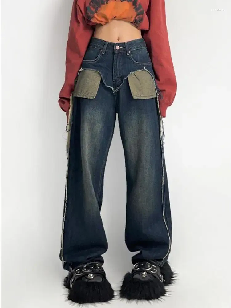 Dżinsowe dżinsy amerykańskie retro mama szerokie nogi spodnie w trudnej sytuacji patchwork chłopak dla kobiet dżinsowych spodni Koreańska moda