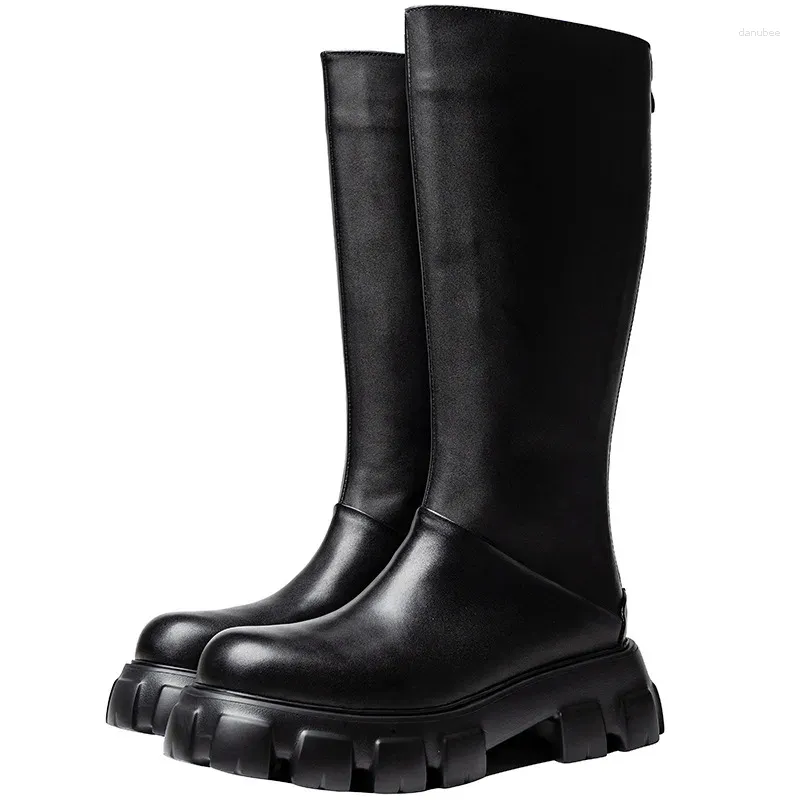 Botas de luxo joelho alto para homens couro genuíno moda estilo britânico designer artesanal confortável 6cm altura quente homem sapatos