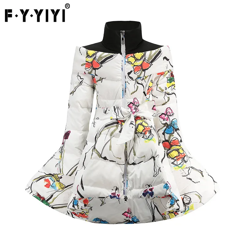 Winter Down Jacket Warm Print Flower Bundle Waist Bow Skirt Children's Winter Dress