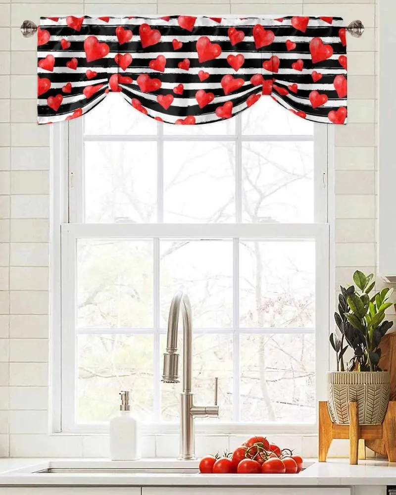 Tenda San Valentino Strisce nere Amore Texture Finestra Soggiorno Armadio da cucina Tie-up Valance Rod Pocket