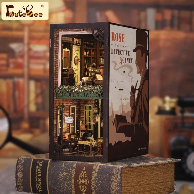 3D Puzzles CUTEBEE Book Nook Puzzle Miniatura Doll House Kit com Touch Light Dust Cover DIY Booknook Toy Presentes Rose Detective Agency 231219