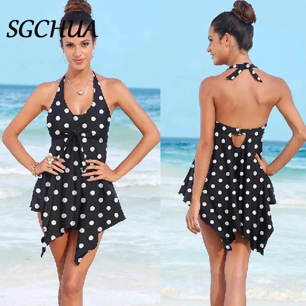 Wear Plus Size Polka Dot Swimwear Brazilian Sexy Backless 2Pieces Tankini Swimsuit Mesh Swimdress Large Size Ladies Beach BathingSuit