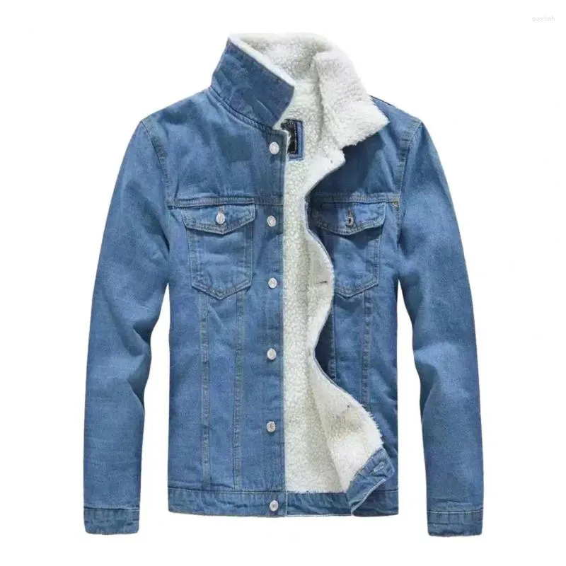 Mens Denim Jacket - Stand Collar, Slim Fit, Thickened Plush