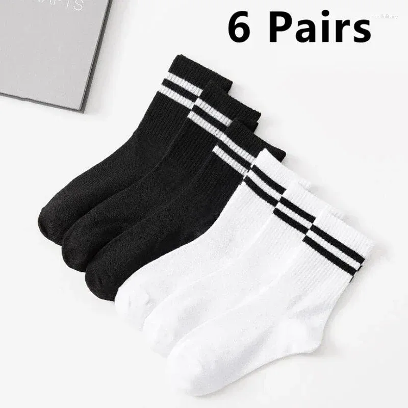 Chaussettes pour hommes 6 paires de bas mi-longs à tube haut pour hommes en noir et blanc uni avec barres parallèles absorbant la sueur