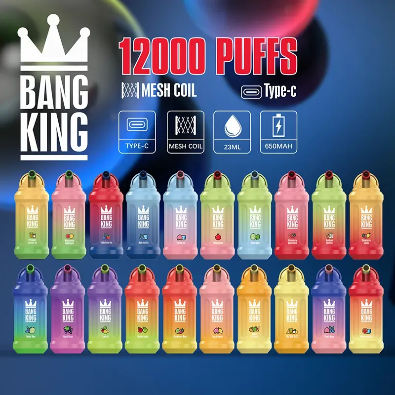 Original Bang King 12k Puffs Vapes descartáveis ​​Caneta 120000 E Cigarro 0% 2% 3% 5% Vaporizador de nível 650mAh Bobina de malha recarregável 23ml Pod pré-preenchido Novo 20 flaovrs