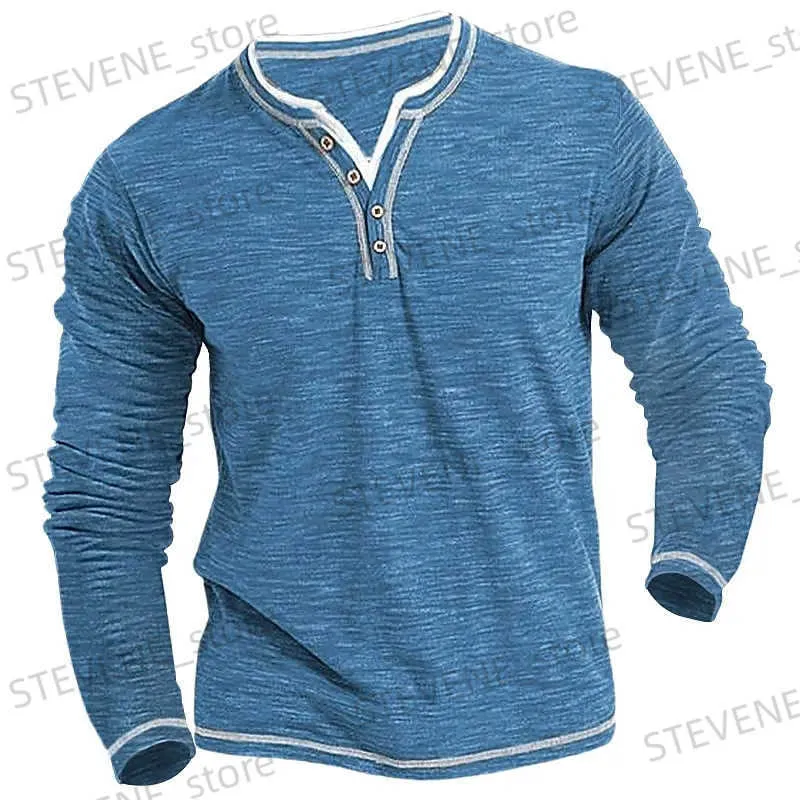 T-shirt da uomo Tinta unita Henley Camicia Girocollo T-shirt Estate Comodo Cotone Moda Manica lunga Casual Street Wear Sport Top Basic T231220