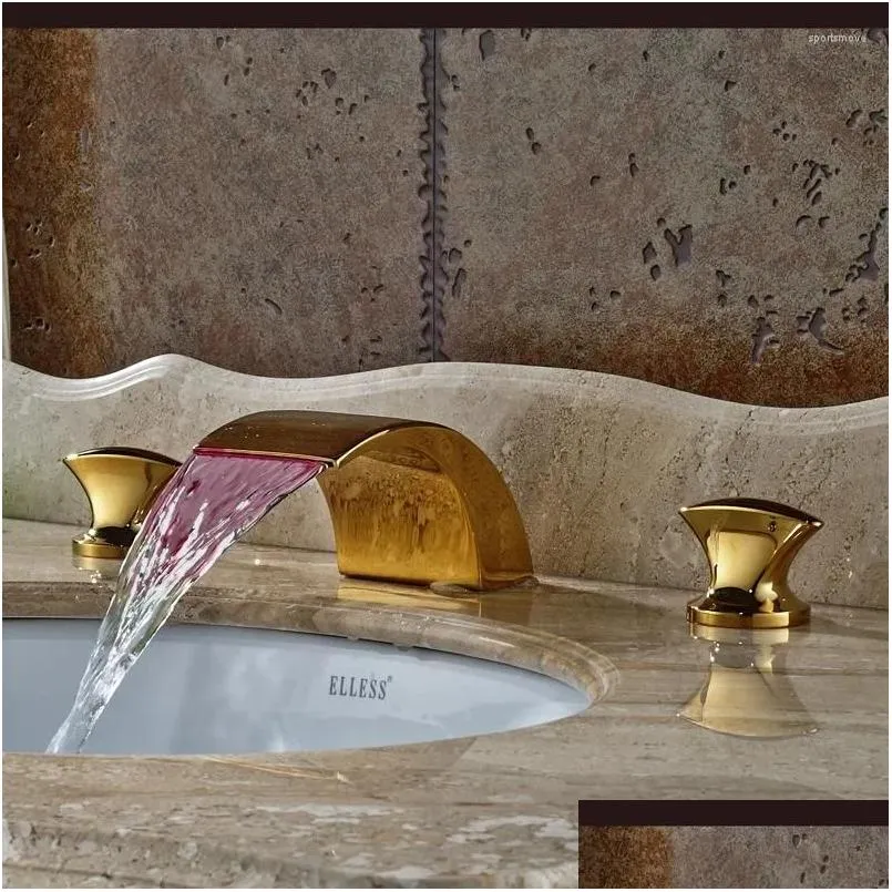 Banyo Lavabo muslukları Vidric lüks LED renk değiştiren şelale havzası musluk çift tutamaklar 3 delikli altın pirinç mikser musluk damlası teslim dh1na
