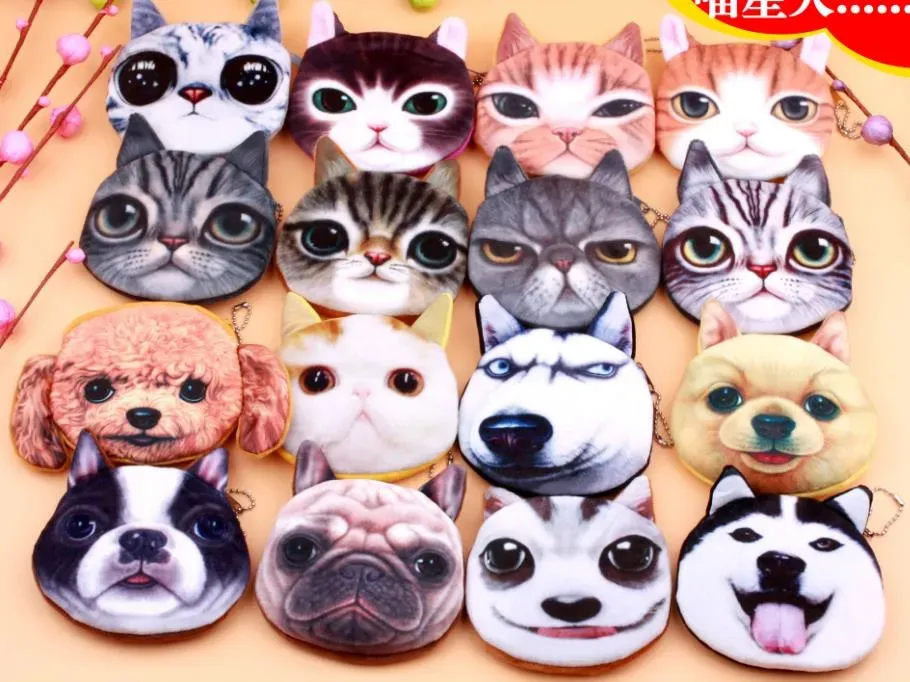 3D Cat Dog Face Plush Coin Purse Pouch Cute Puppy Pug Head Zipper Closure Wallet Cartoon Animal Bag Pendants Charm