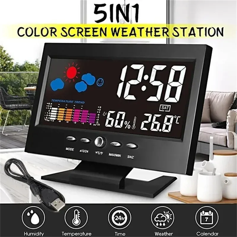 Digital Colorful Backlight Snooze Alarm Clock Weather Forecast Station Alarm Clock with Date/Temperature/Humidity/Snooze Display 231220