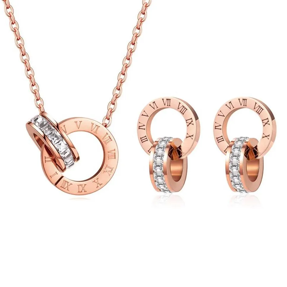 Luxury Elegant Love Numeral Crystal Necklace Set For Women Fashion Stainless Steel Pendant Trend Designer Woman Wedding Jewelry224S