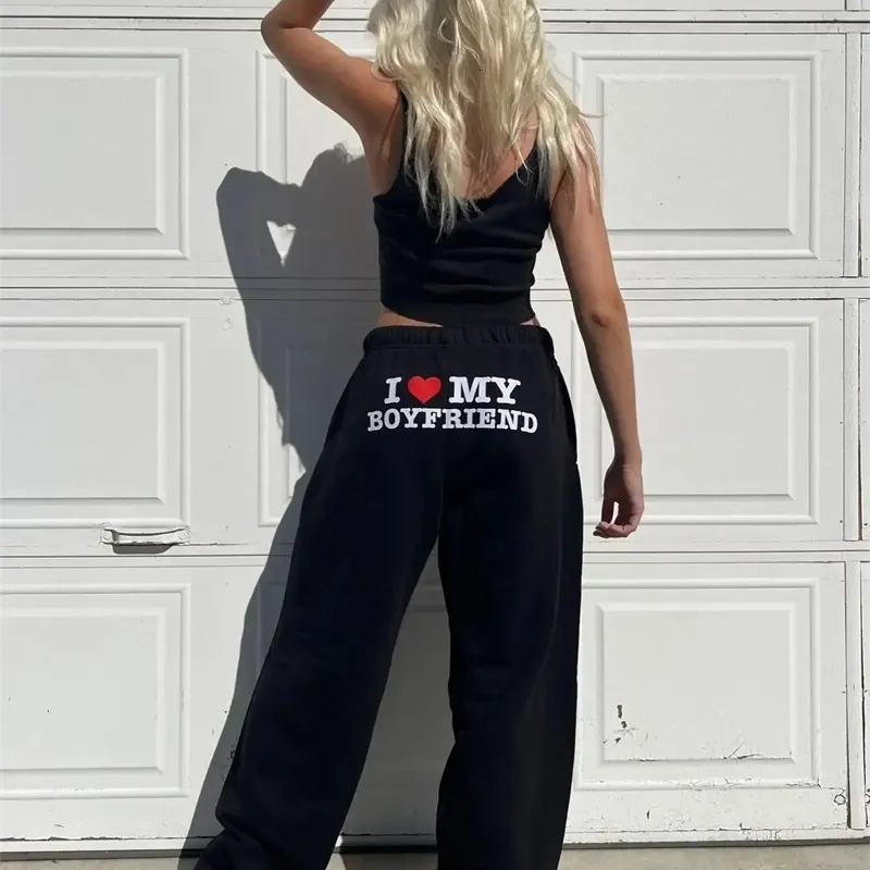 Damesbroek I Love My Boyfriend Gedrukt Joggingbroek Y2k Hoge elastische taille Trekkoord Baggy Broek Vintage Casual Los Recht 231219