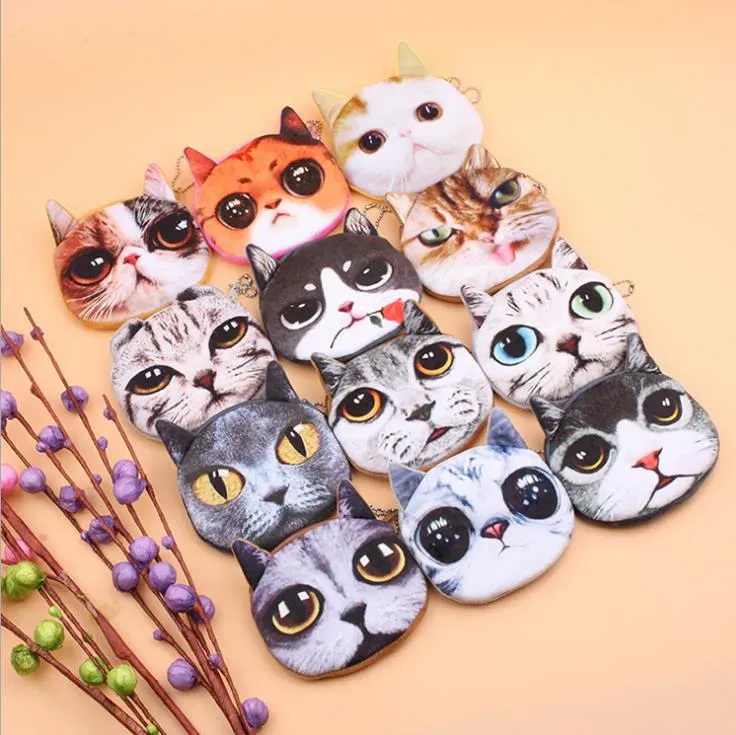 3D Cat Dog Face Plush Coin Purse Pouch Cute Puppy Pug Head Zipper Closure Wallet Cartoon Animal Bag Pendants Charm