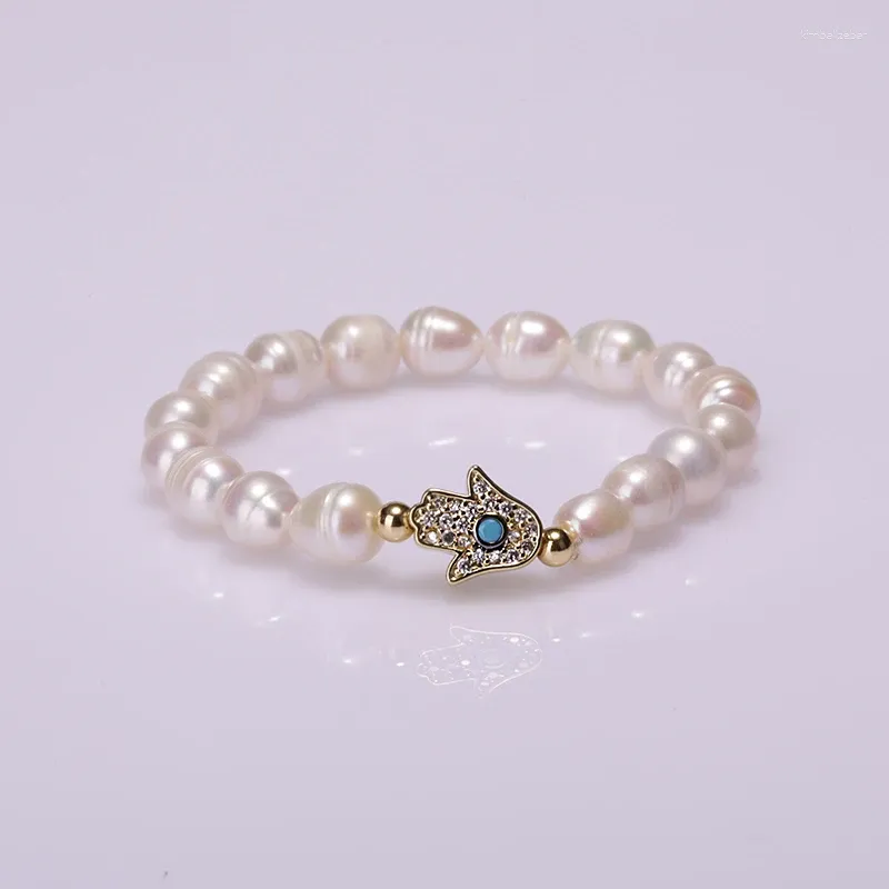 Strand 1 pcs Minuscule Naturel Perle D'eau Douce Bracelet Or Fatima Main Connecteur Pavé Couleur Zircon Pour Femme Fille Charme Cadeau Bijoux