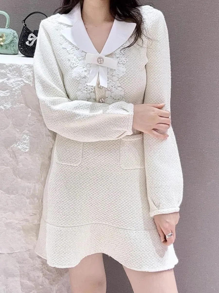 Self port * rain 2024 early spring new French style small fragrant ivory long sleeved short skirt with lace decoration knitted dress for women