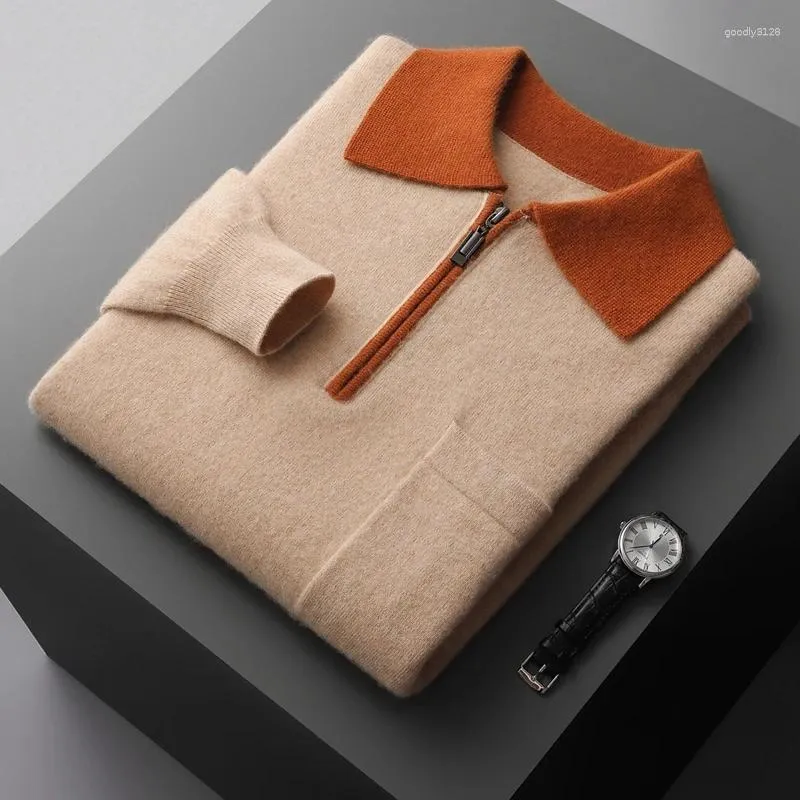 Men's Sweaters RONGYI Goat Cashmere Sweater POLO Collar Pullover 2023 Autumn/Winter Knitted Contrast Shirt Casual Large Jacket