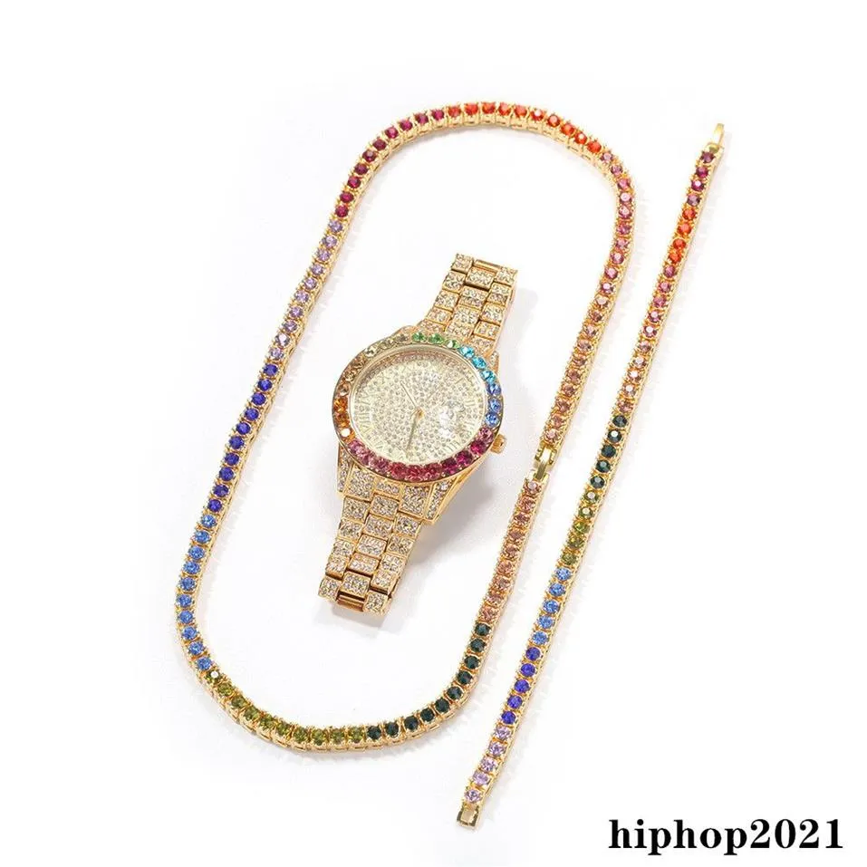 3pcs set mens Hip hop iced out bling Chains Colorful Diamond Necklace Bracelets Watch cuban Link Chains Fashion Hiphop Jewelry Set296J
