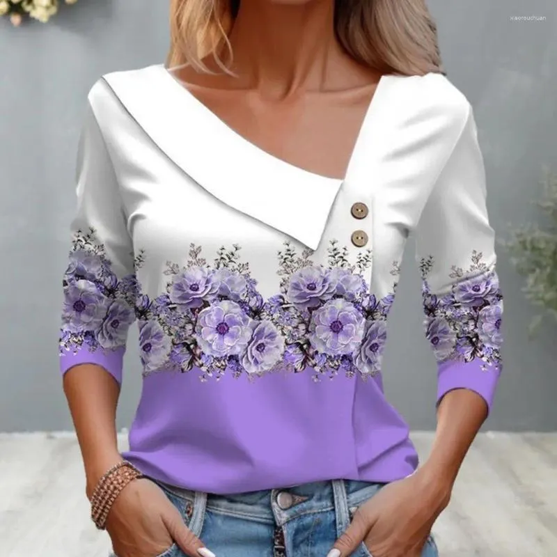 Blusas femininas flor impressão blusa v pescoço pulôver para mulher solta manga longa comprimento médio topo com botão decoração outono primavera