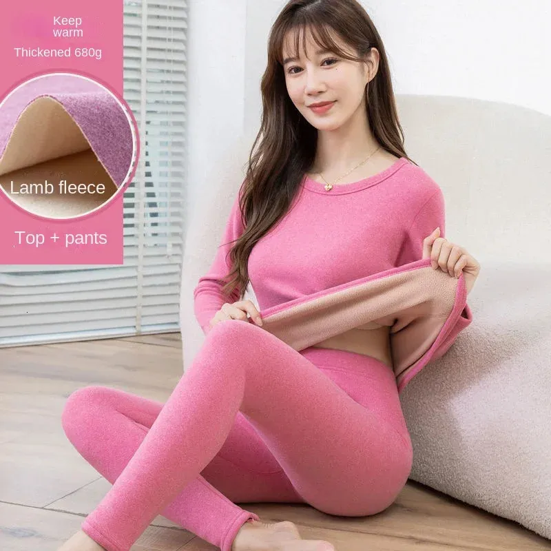 Womens Thermal Underwear Thermal Underwear Women Suit Thicken Lamb Fleece  High Elastic High Waist Long Johns Bottoming Two Piece Sets Thermos Clothing  231220 From Diao01, $20.54
