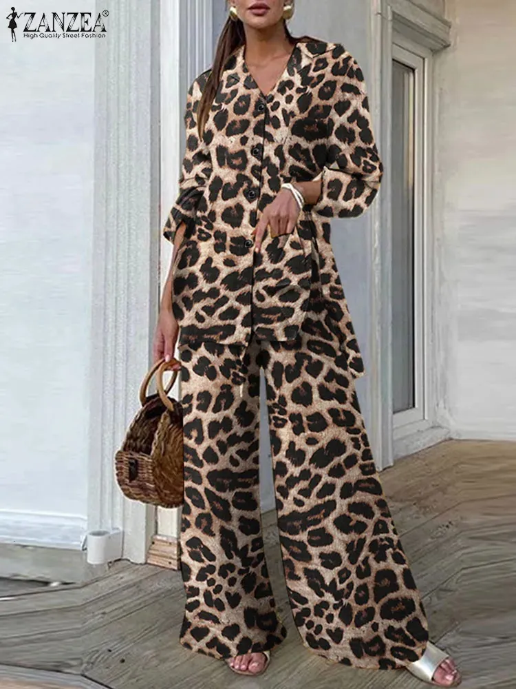 Kvinnors tvåbitar byxor Fashion Women Leopard Print Pant Set Zanzea Casual Loose Tops och Pant Outfits höstbrett benbyxa Två styckesuppsättningar 231219