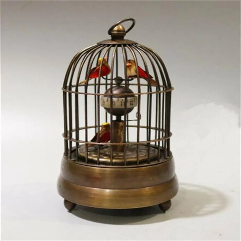 new Collectible Decorate Old Handwork Copper Two Bird In Cage Mechanical Table Clock225O