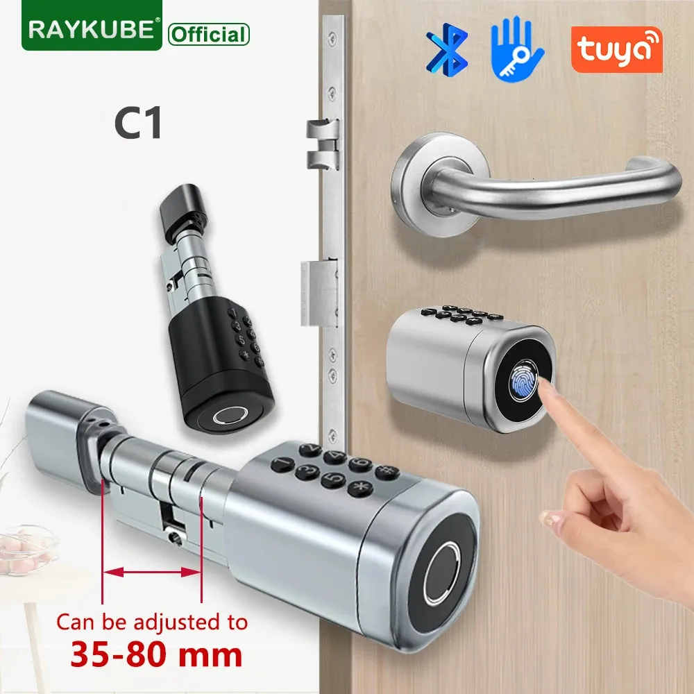 Fechaduras de porta Raykube C1 Bloqueio de cilindro inteligente Bluetooth Tuya TTlock APP Código de impressão digital Cartão IC Universal Fácil instalação 231219