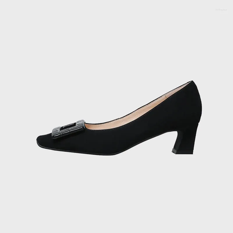 Sapatos de vestido guidibasic genuíno couro de vaca 2023 primavera dedo do pé quadrado mid-heel único confortável e conveniente salto alto feminino