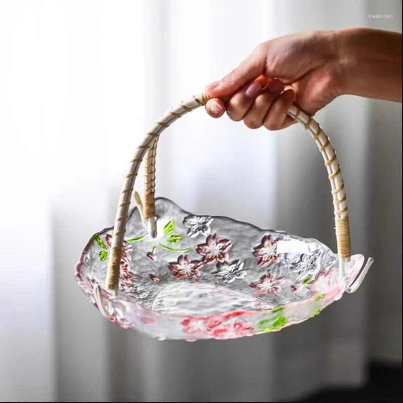 Plates Cherry Blossom Glass Fruit Basket Home Living Room Table Rattan Woven Tray Light Luxury High-grade Crystal Hand Support