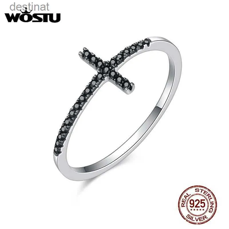 Solitaire ring Wostu 100% Pure 925 Sterling Silver geloof Cross Finger Rings met zwarte zirconia steen voor vrouwen feest geschenk sieraden CQR067L231220