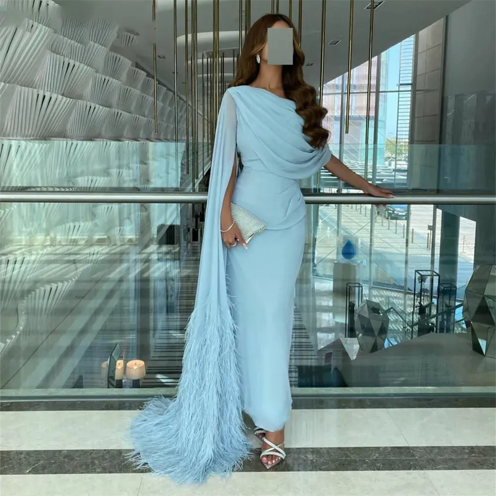 Ankle-Length Mermaid Prom Evening Dress Long Sleeve Mordern Chiffon Feather Stylish One-Shoulder