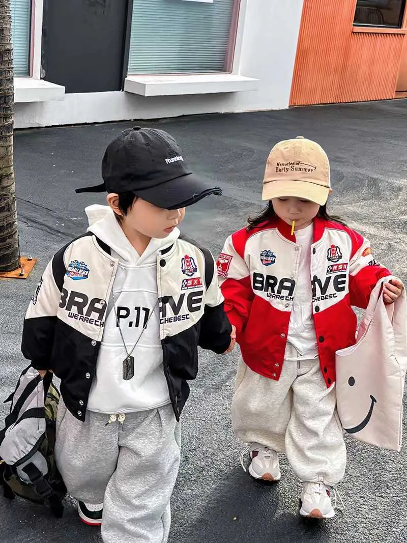 Veste de Baseball en coton pour enfants, pour garçons et filles, belles lettres, blocage de couleur, isolation épaisse, moto