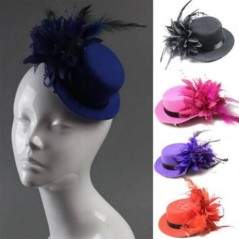 20 pièces couleurs mélangées Mini chapeau pince à cheveux plume Rose haut casquette dentelle fascinateur accessoire de Costume la coiffure de la mariée Plume207b