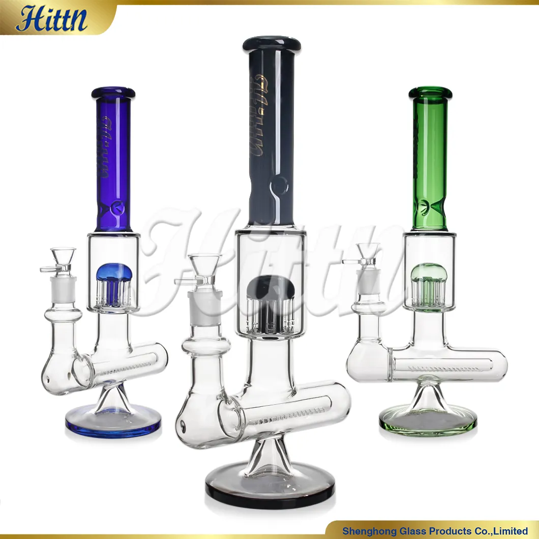 Hittn New Glass Bong Rauchwasserrohr 14,5 Zoll 5 mm dicker Inline Perc 8 Baumarme Perc Handblasen Pyrex 420 Glas Bong Blau Schwarzes Grün