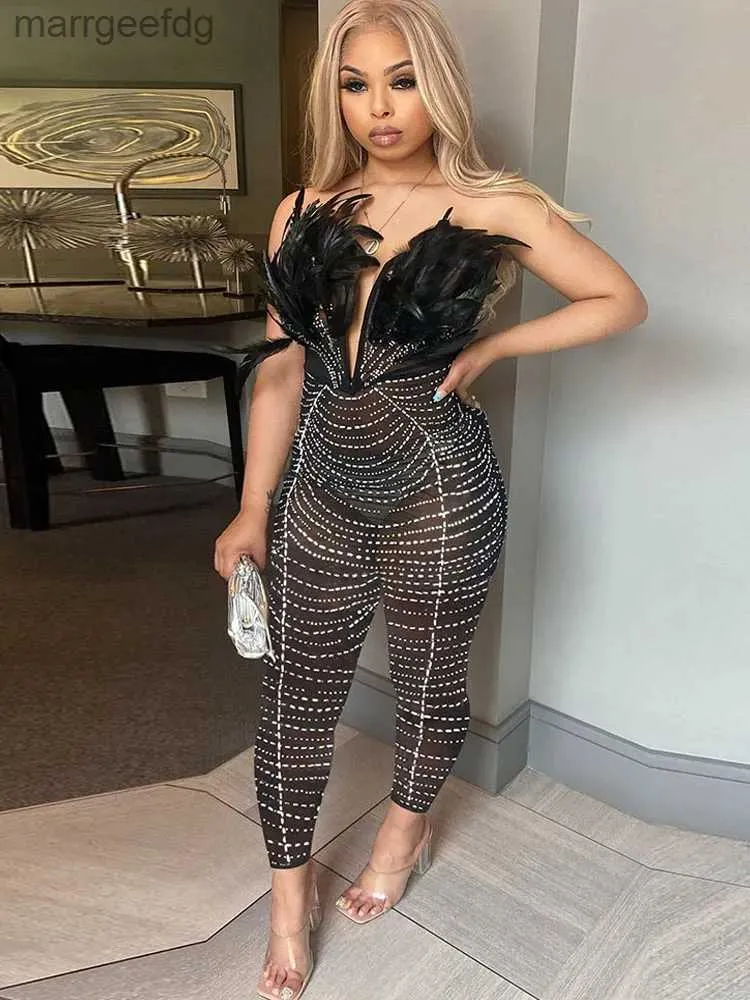 Dames Jumpsuits Rompertjes Schouderafhangend Mesh Strass Kralen Veren Gala Corset Jumpsuit Doorzichtig Nachtclub Avond Bruiloft Feest Sexy Jumpsuits YQ231220