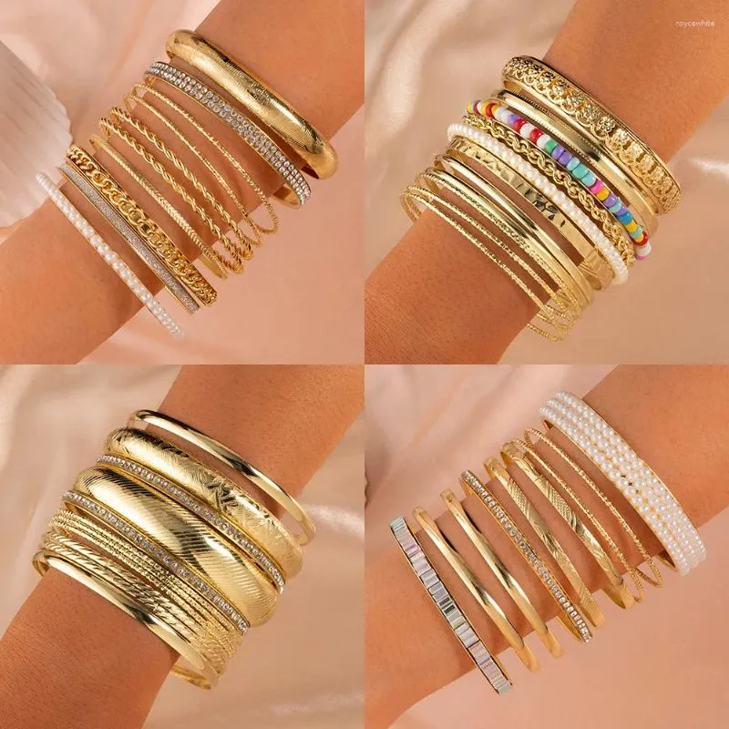 Bangle 10pcs luksusowe złote bransoletki bransoletki bohemian wielowarstwowe geometryczne kryształowe perły duże koła Braclety dla kobiet prezenty