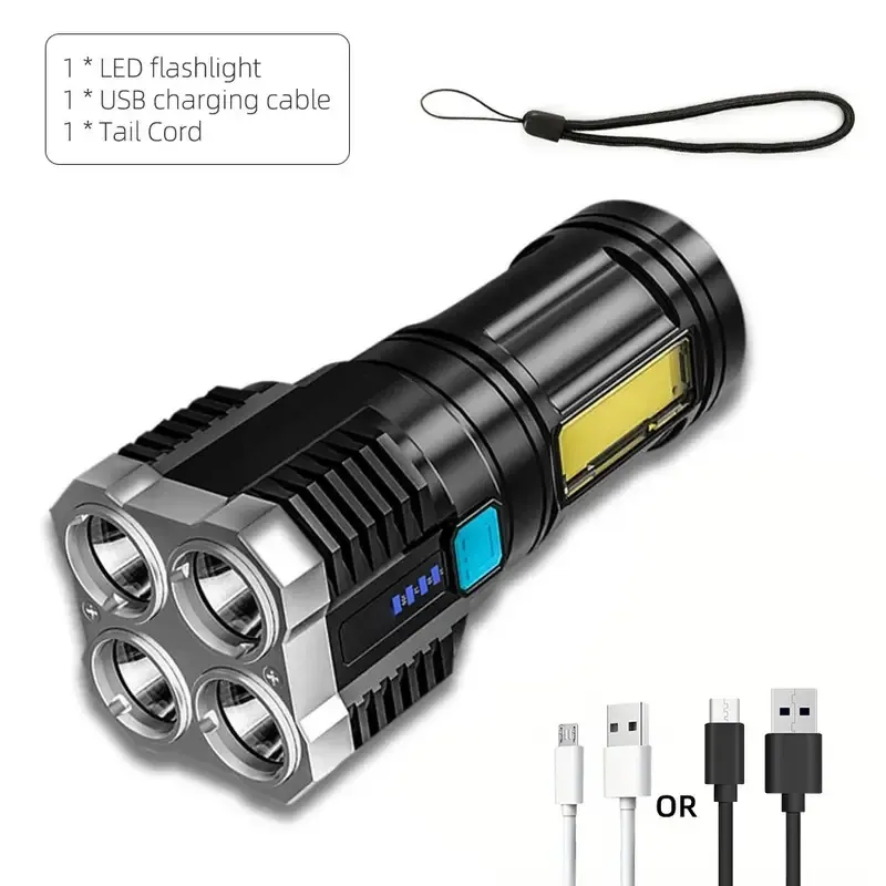 Flashlight a LED ad alta potenza da 1 pc, torcia da campeggio con 4 perle a LED e luce laterale di pannocchia, lampada a mano portatile ricaricabile, 4 modalità di illuminazione