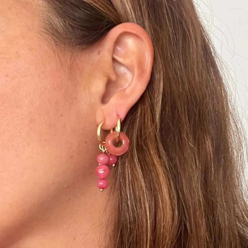Boucles d'oreilles pendantes asymétriques, breloques en pierre naturelle rouge pastèque, pendentif goutte avec cercle en acier inoxydable, anneaux d'oreille, cadeau féminin