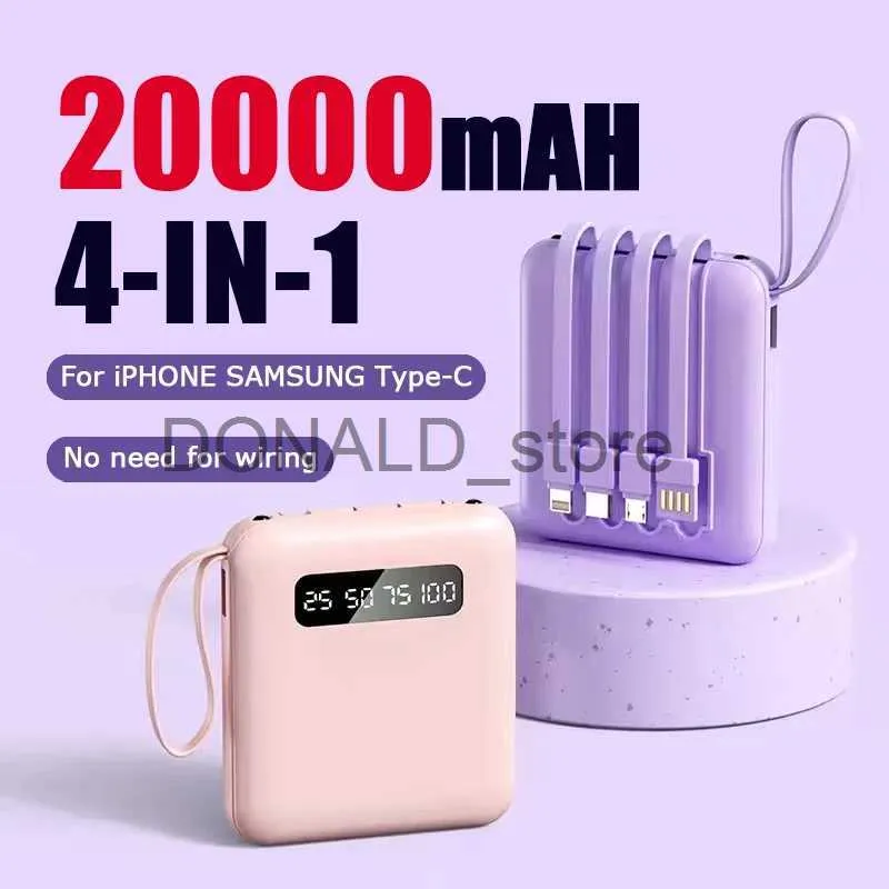 Mobiltelefon Power Banks 4-i-1 Mini Power Bank 20000mah med 4 kabel Mobile extern batteriladdare för iPhone Samsung Huawei Xiaomi Portable PowerBank J231220