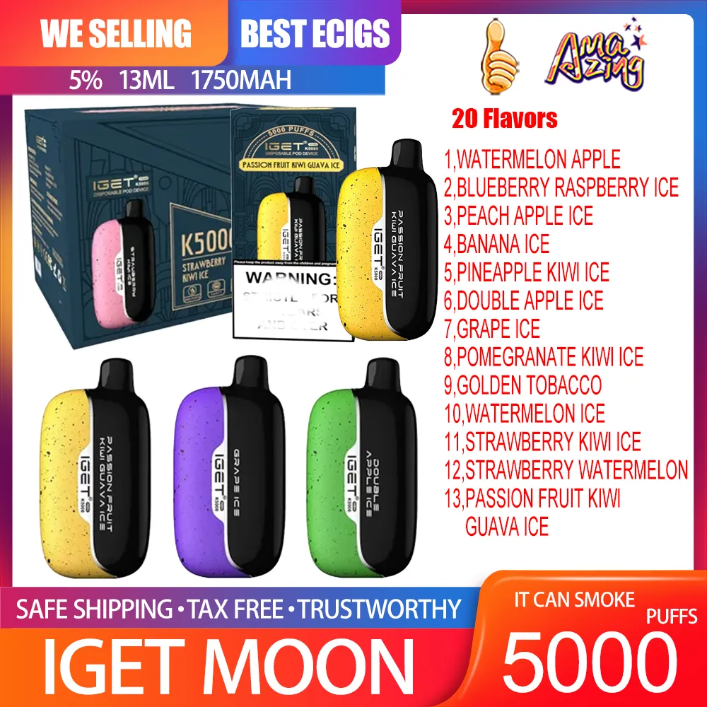 Original IGET Moon 5000 Puff Jetable Vape Pen E Cigarette 1750mAh Batterie Rechargeable 13ml Cartouche Pods Vaporisateur Max Filex Navires localement en Australie