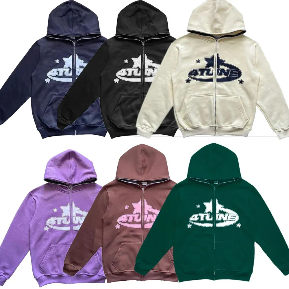 Erkek Hoodies Sweatshirts 4Tune Full Zipper Sweatshirt American Gençlik Cardigan Ceket Retro Y2K Hoodie Kadınlar Gevşek Gevşek 231219