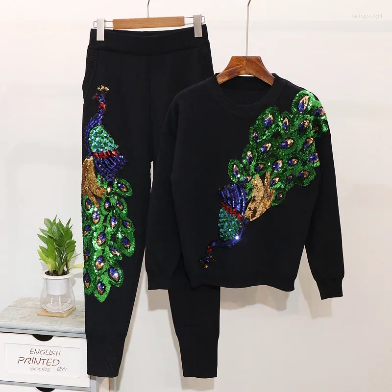 Women's Two Piece Pants Autumn Fashion Black Knitting Suit Women Sets Sequins Peacock Sweater Long 2 Set Female Casual Knitted Tracksuit 2pc