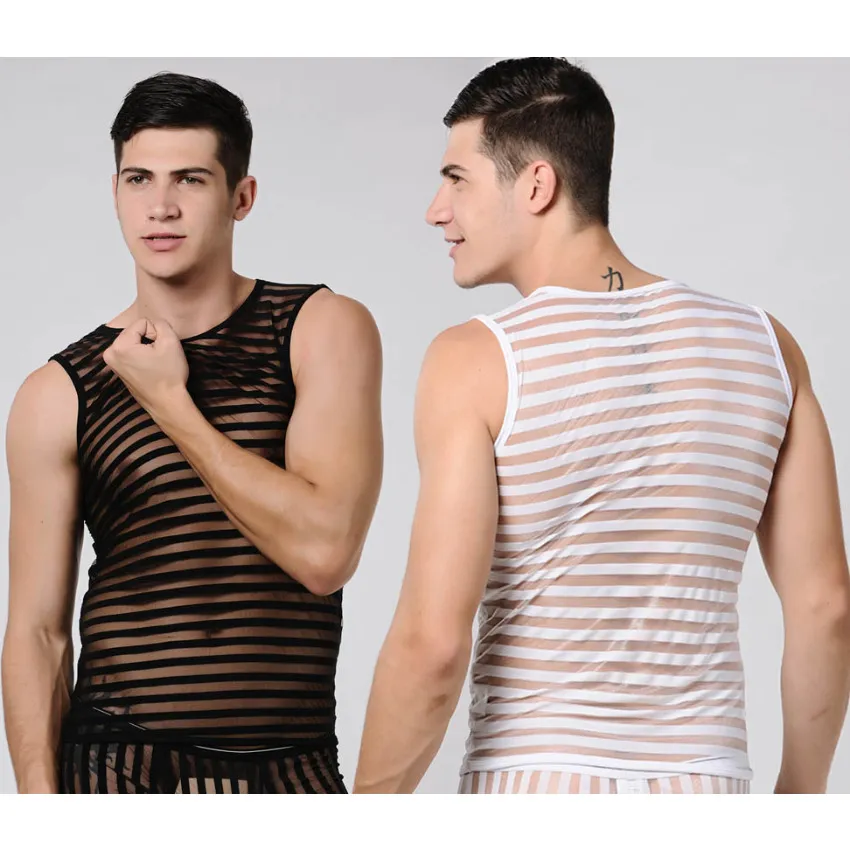 Men Mesh Vest Avant Garde Sleeveless T-Shirts Guys Striped Transparent Symmetrical Sport Yarn Tank Top Sexy Dress