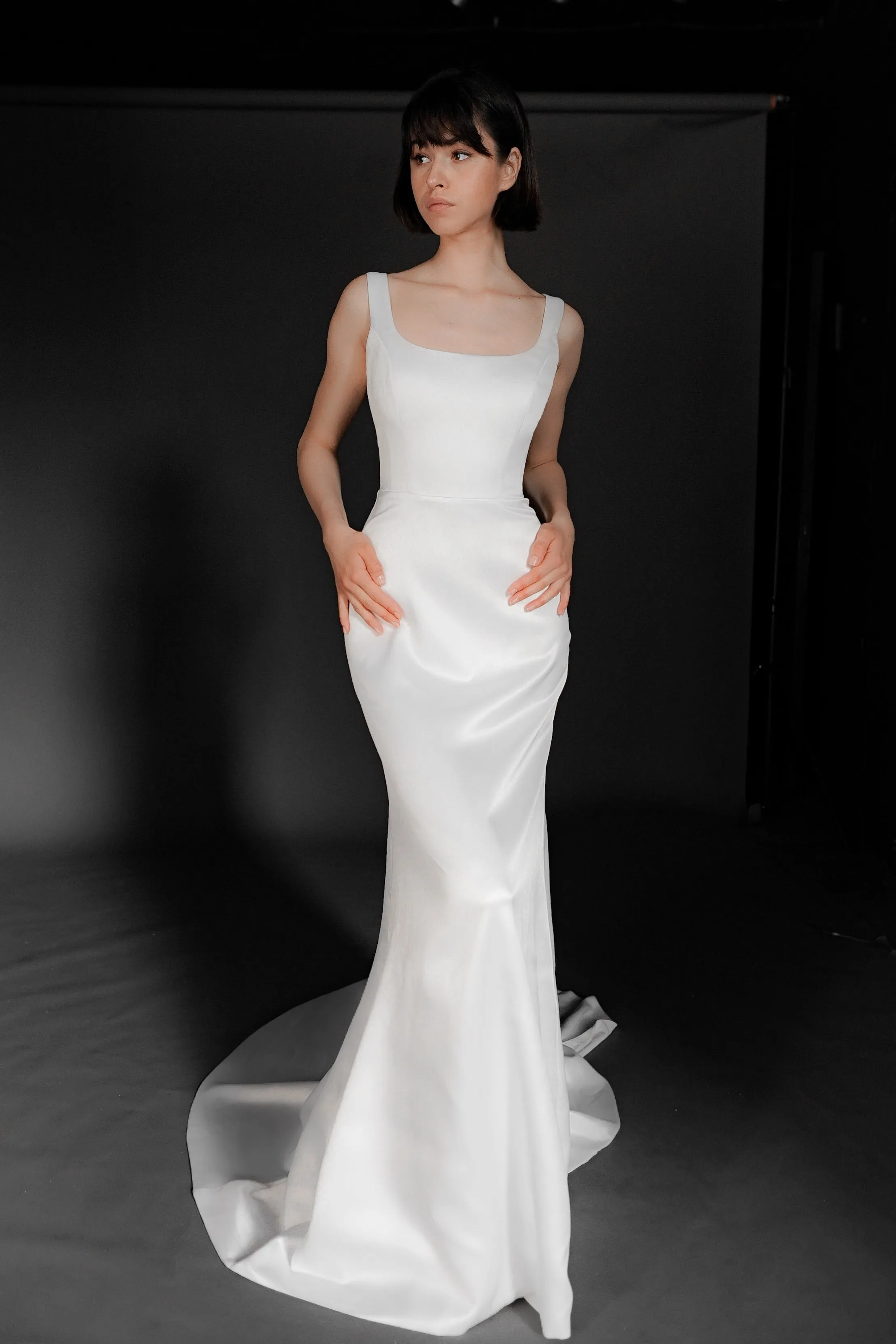 Sheath Wedding Dress Chapel Train Elastic Woven Satin Cusomized Bridal Gowns DL-10004