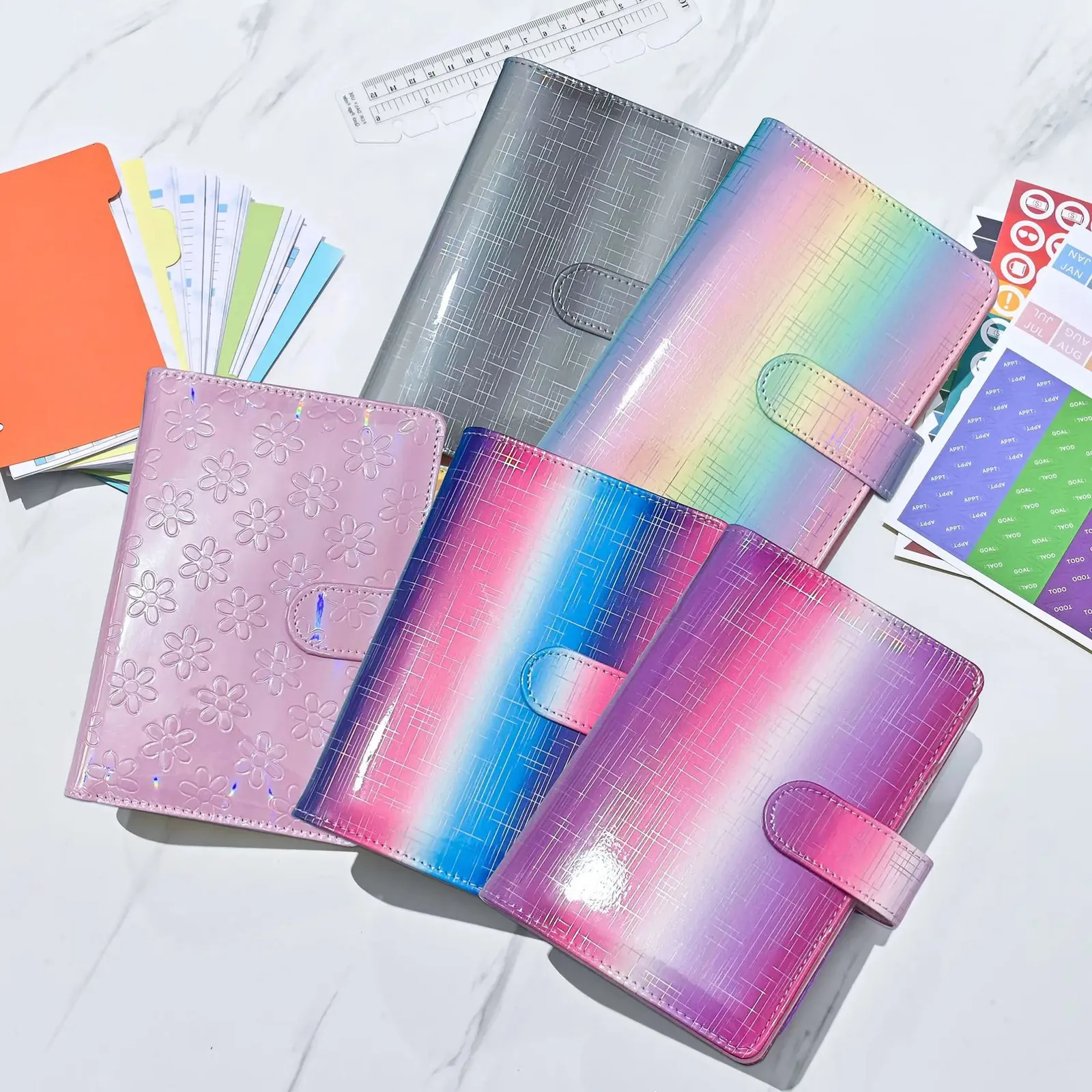 A6 Binder Gradient Laser English Notepad PU looseleaf notebook Plan this week Month Ledger Office Stationery 231220