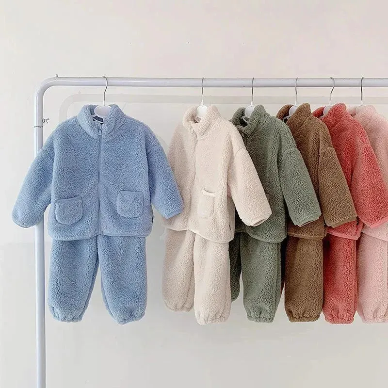 Clothing Sets Fleece Kids Coat Pants 2pcs Fall Winter Baby Clothes Set Kids Loungewear Suit Home Korean Children Top and Bottom Set 231219
